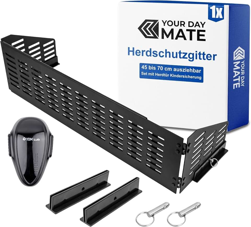 Herdschutzgitter Kindersicherung, 45 bis 70 cm ausziehbar, Schwarz, Set mit Backofentür Babysicherung, Herdschutz Gitter mit Scharnier-Seitenflügeln, zusammenfaltbar und verstaubar, Kochfeld Abdeckung