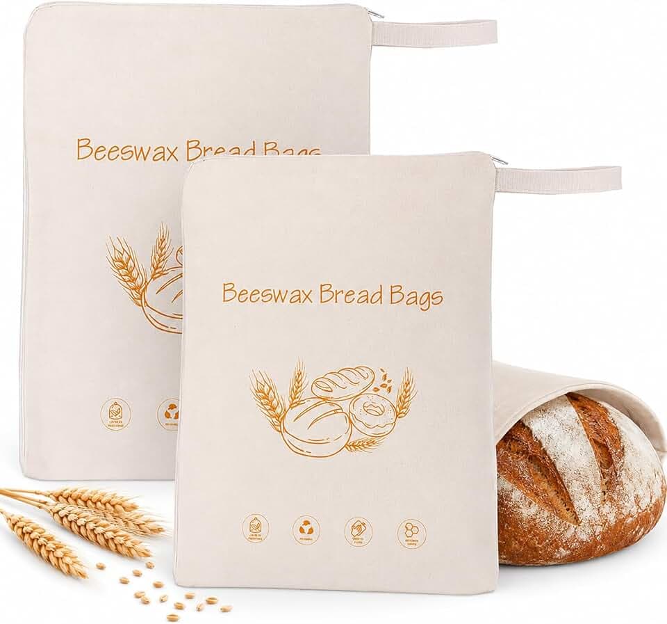 Lorine Beeswax Lining Bread Bags, Reusable Bread Bags for Homemade & Sourdough Bread, Large capacity 13 * 17'', Moisture Lock with Zip for Bread Freshness with Sealing (2 PCS)