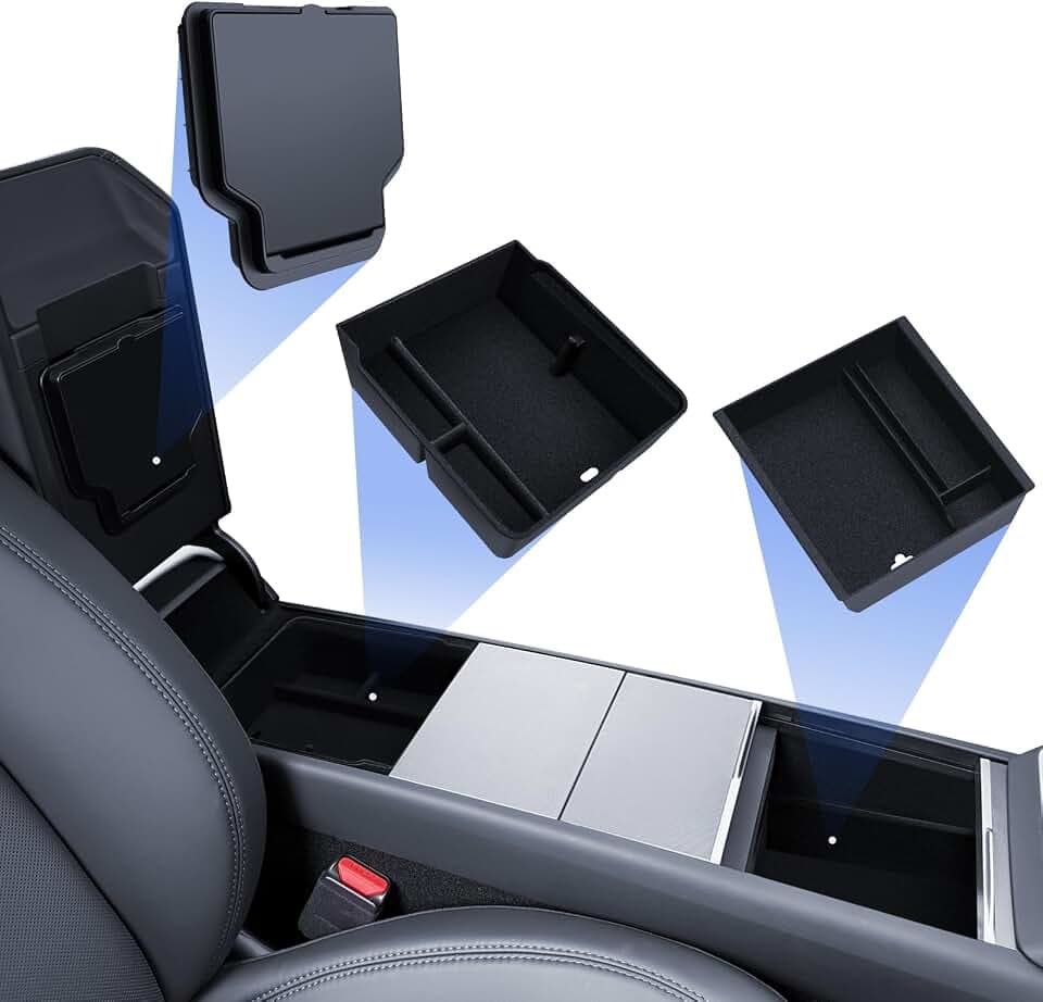 3 Pcs Zubehör für Tesla Model Y 2025-2026 Juniper Mittelkonsole Organizer, Armlehne Aufbewahrungsbox und Versteckte Box (Beflockung)