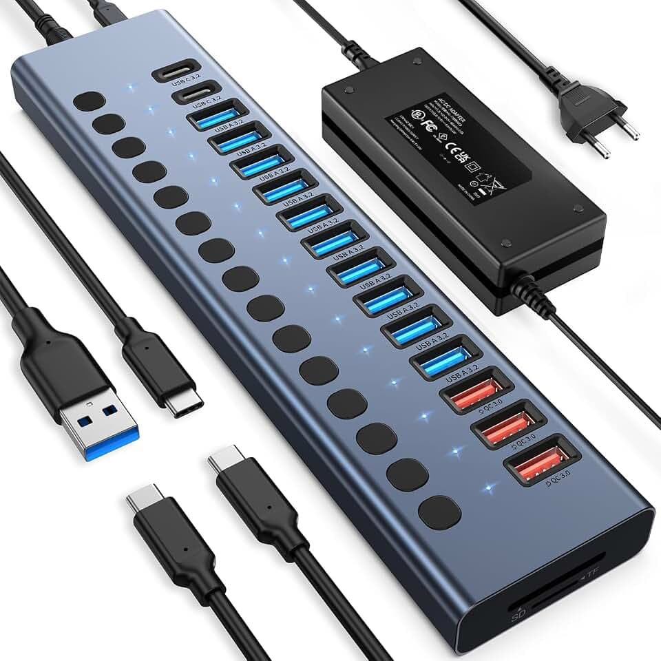 VANGREE Powered USB Hub 10Gbps, 17 Ports USB 3.2 Hub, 96W Netzteil