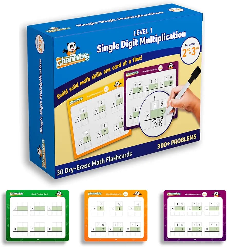 Channie’s Single Digit Multiplication Flashcards, 30 Double-Sided Dry Erase 2nd - 3rd Grade Multiplication Flash Cards, Easy-to-Use Level 1 Multiplication Practice, 300+ Problems