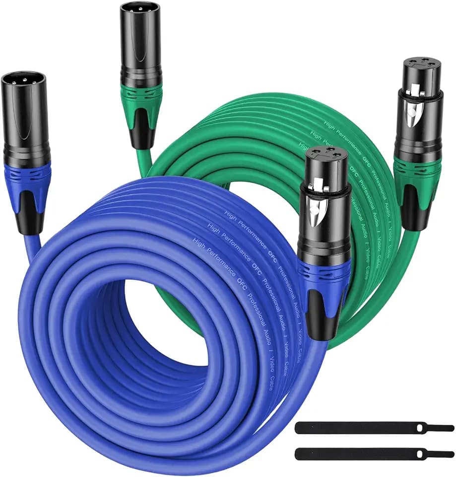 XLR Cable 50FT 2Pack Green+Blue- Premium Balanced Microphone Cable 3-Pin XLR Male to Female Mic Speaker Cable, Pure Copper and Plated Conductors