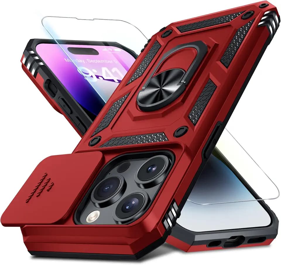 Janmitta for iPhone 14 Pro Phone Case Built in Slide Camera Lens Cover Red