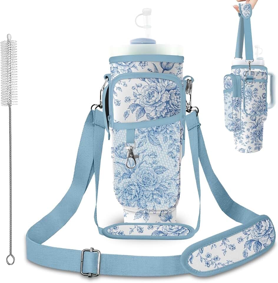 Stanley Water Bottle Bag with Adsjust Strap for 30/40 Oz Tumbler, Water Bottle Carrier with 3 Pockets, Cleaning Brush & Straw Cover, Stanley Cup Carrier Bag for Walking, Gym,Travel, Yoga