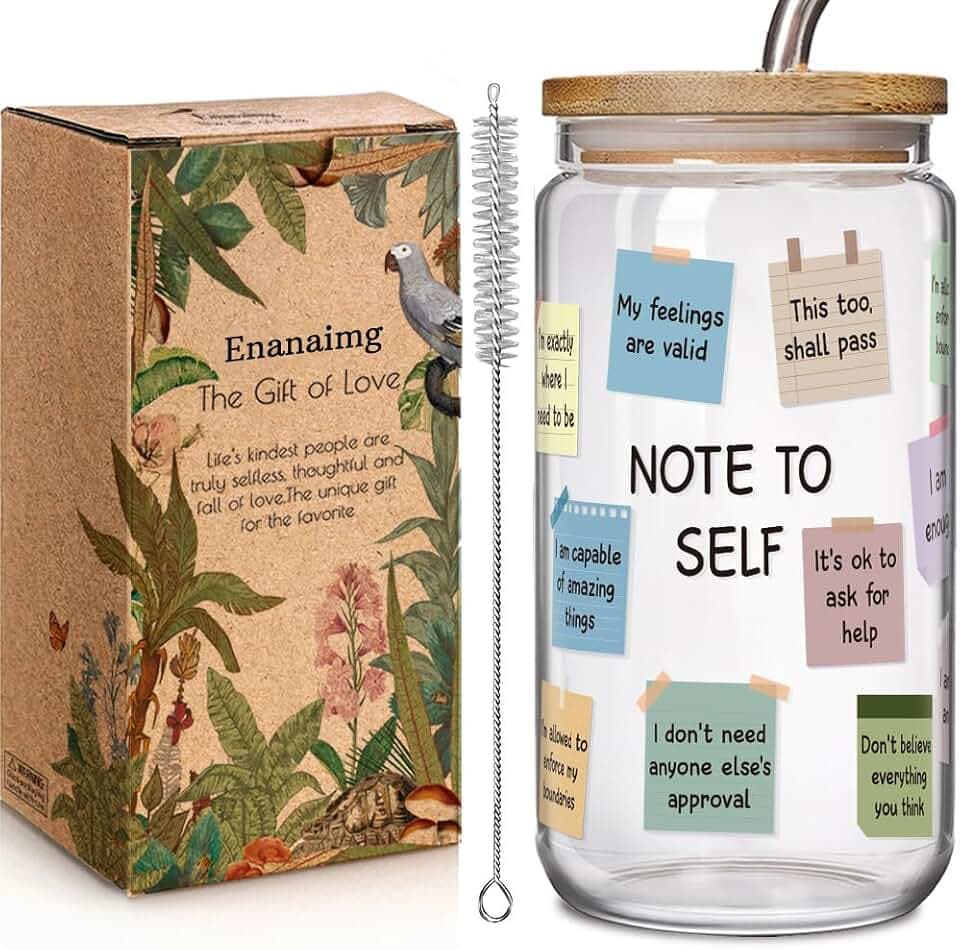 Note to Self Motivational 16oz Glass Cup with Lid and Straw Gifts for School Counseling Office Therapy Art School Counselor, Therapist Office Gifts, Therapy Mental Health Decoration