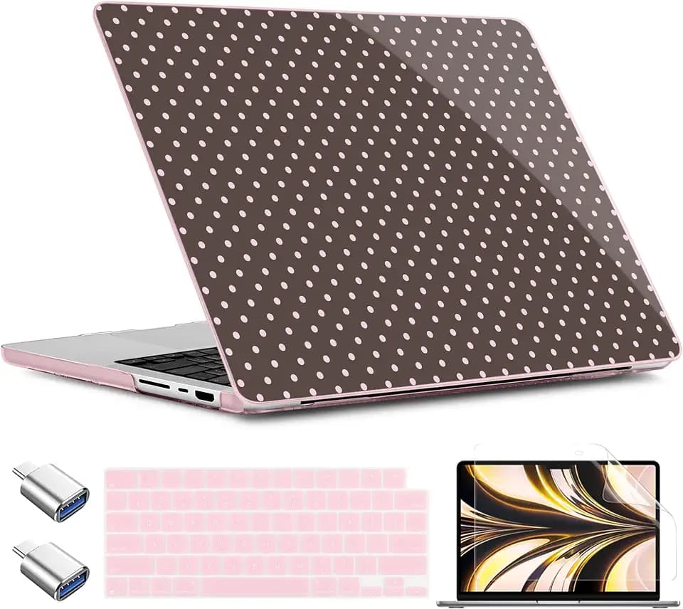 TWOLSKOO Compatible with MacBook Pro 14 inch Case M5 2026 2025-2021 Release M4 M3 M2 M1 Pro/Max Chip, Plastic Hard Shell & Keyboard Cover & USB C to USB Adapter & Screen Film, Chocolate Polka Dot