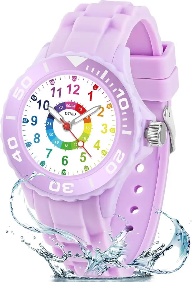 DTKID Kinderuhr für Mädchen, Analoge Uhr für 5-15 Jahre | Kinder Lernen Uhr Armband, Drehbare Zifferblatt, 3ATM Wasserdicht