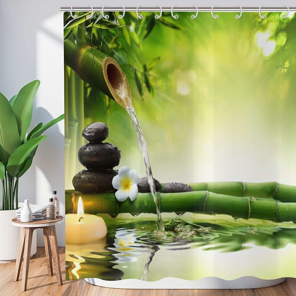 Duschvorhang Zen Garten 180x180, Spa Grüner Bambus Schwarzer Stein Weiße Blume Badewanne Vorhang Japanische Meditation Entspannend Wasserdicht Polyester Stoff Waschbar Badevorhang mit Haken