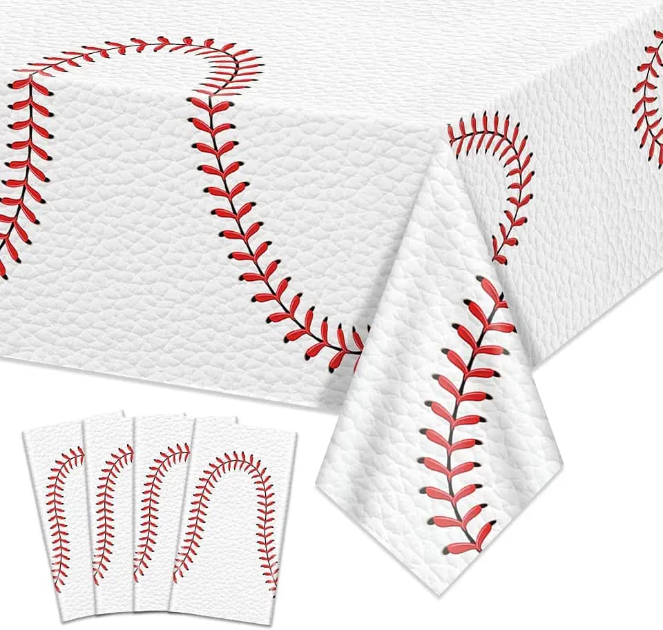 Baseball Tablecloth - Baseball Pattern Table Covers Plastic Waterproof Decorations for Game Day Sports Theme Party Supplies, 4 Pack, 51'' x 86''
