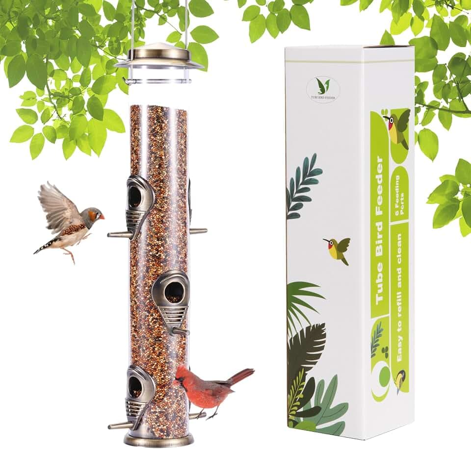 MIXXIDEA 1PK Metal Wild Bird Feeder,Squirrel Proof Bird Feeders for Outside,Hanging 6 Port Tube Bird Feeder Transparent Finch Bird Feeder for Attracting Birds in Your Lawn, Garden, Balcony-Bronze