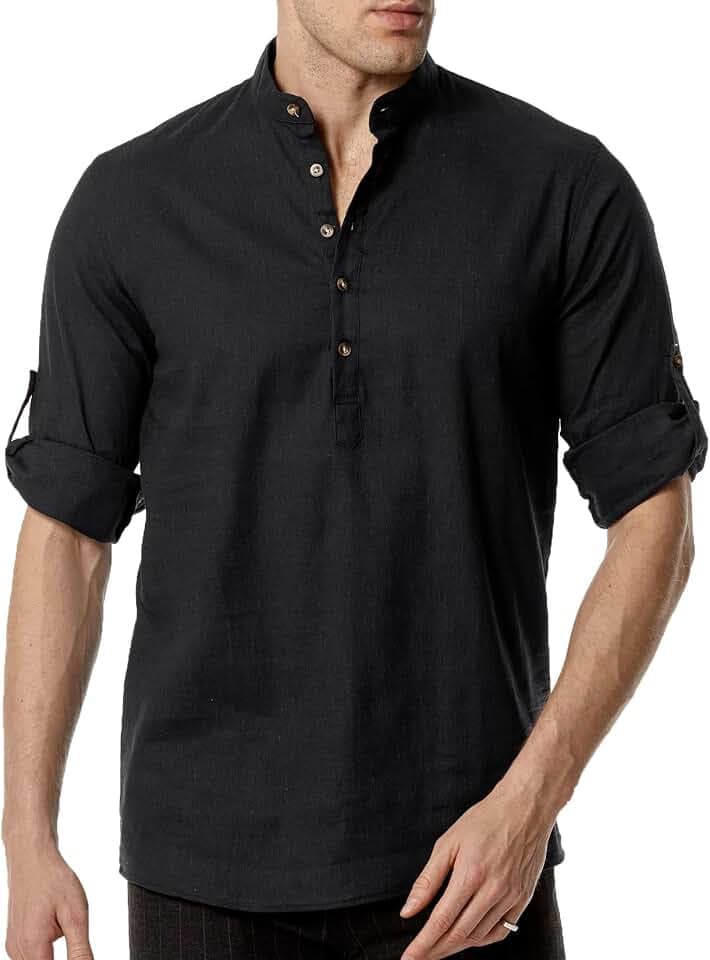 PARKLEES Henley-Shirt für Herren, Baumwollähnlich, Leinen, lässig, atmungsaktiv, langärmelig, Hippie-Strandhemden