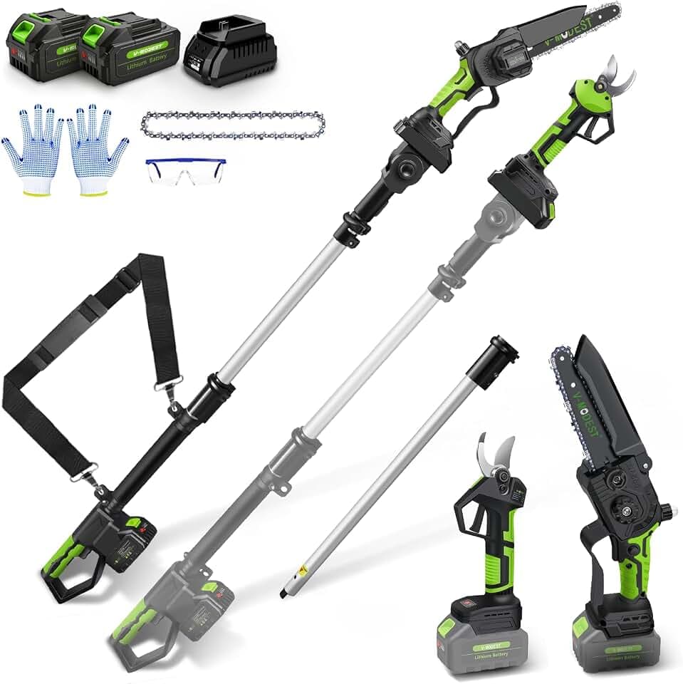 4-in-1 Cordless Pole Saw&Electric Pruning Shear, 8" 15Ft Reach, 2 Batteries