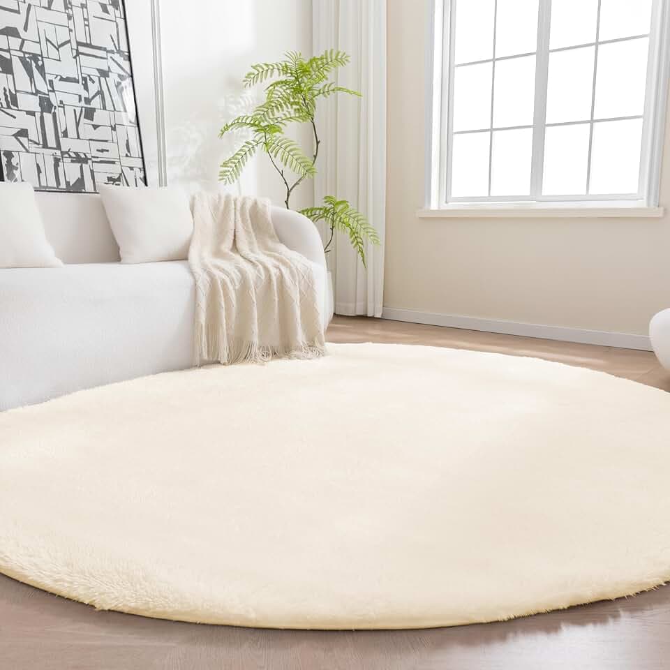 Amazon Basics Fluffy Washable Round Area Rug, Circle Shaggy Carpet for Living Room, Bedroom, Nursery, 8'R, Beige