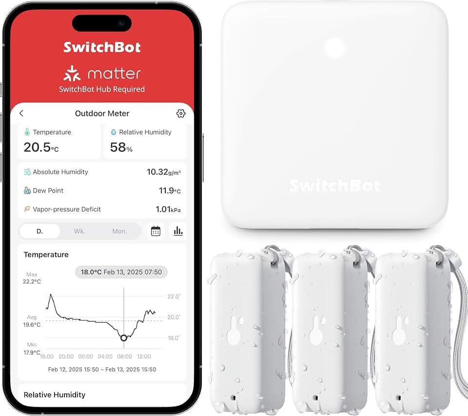 SwitchBot WLAN Hygrometer Thermometer Innen Außen 3 Pack with Hub Mini, IP65 Wasserdichter Temperatur- und Feuchtigkeitssensor mit App Benachrichtigung und kostenlose Datenspeicherung