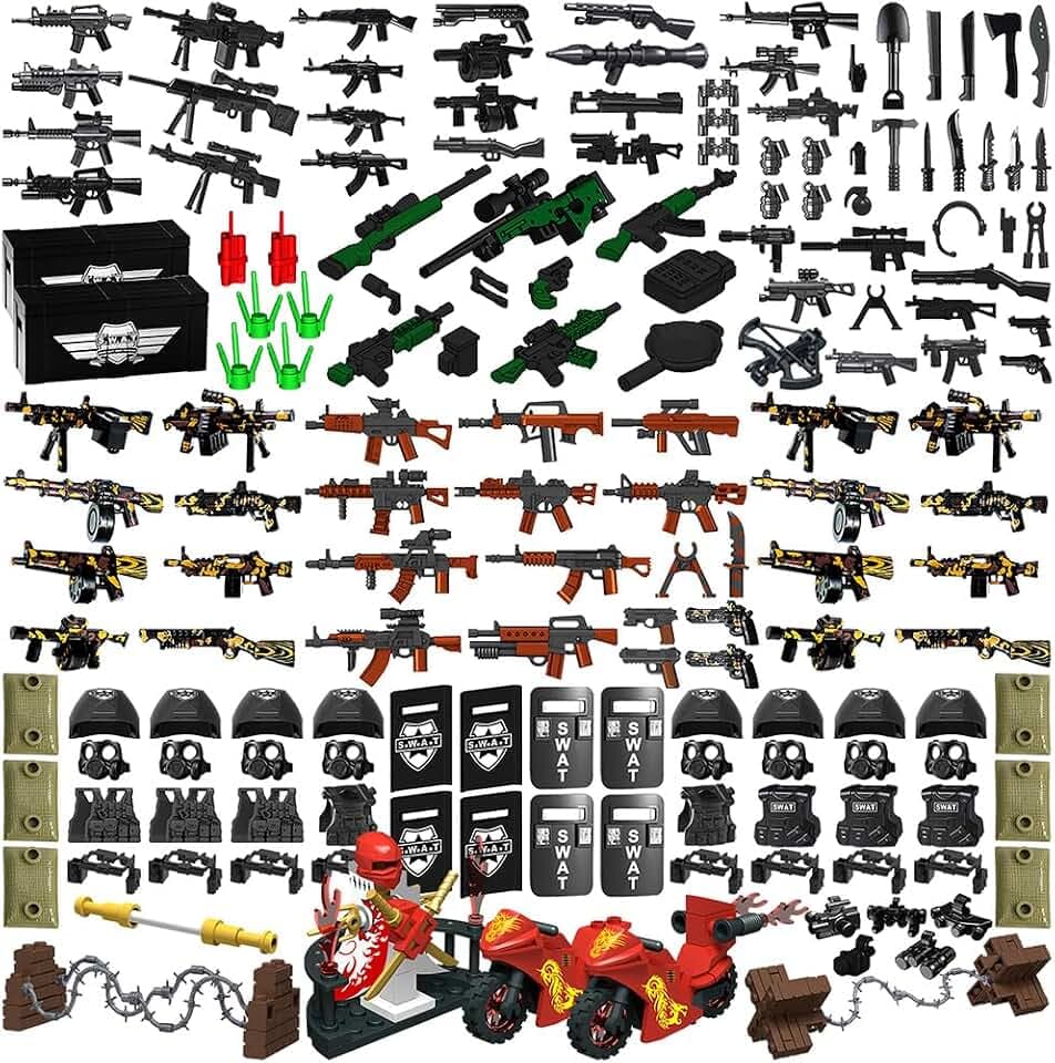 Waffenpaket 225-teiliges Zubehör Militärwaffenset inkl. Helm, Körperschutz, Umhang und Motorrädern, entwickelt für Minifiguren, kompatibel mit Minifiguren aller großen Marken (SWAT-Waffe)