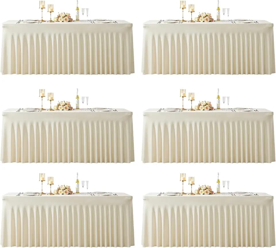 6 Pack 6ft Beige Spandex Tablecloths for Rectangle Tables Wrinkle Free Beige Rectangle Table Cloth Stretch Fitted Table Cover with Skirt for Wedding Birthday Party Banquet Baby Shower Buffet Event