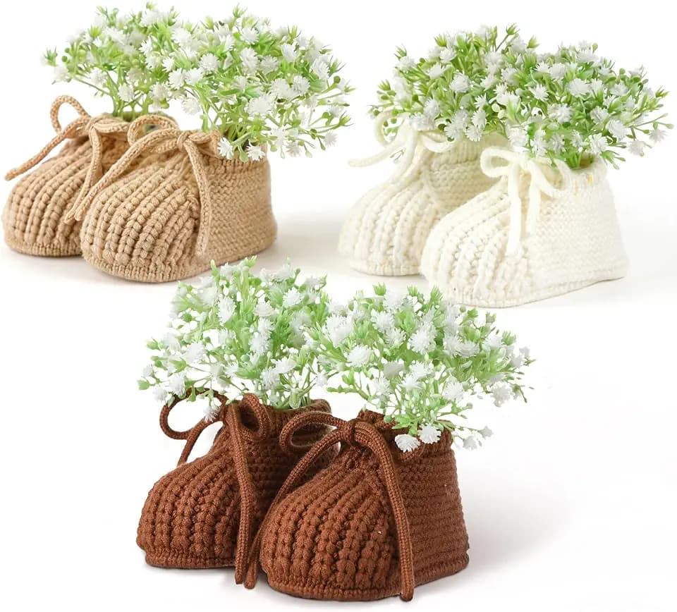 3 Set Baby Shower Booties Table Centerpiece Knitted Booties with Flowers
