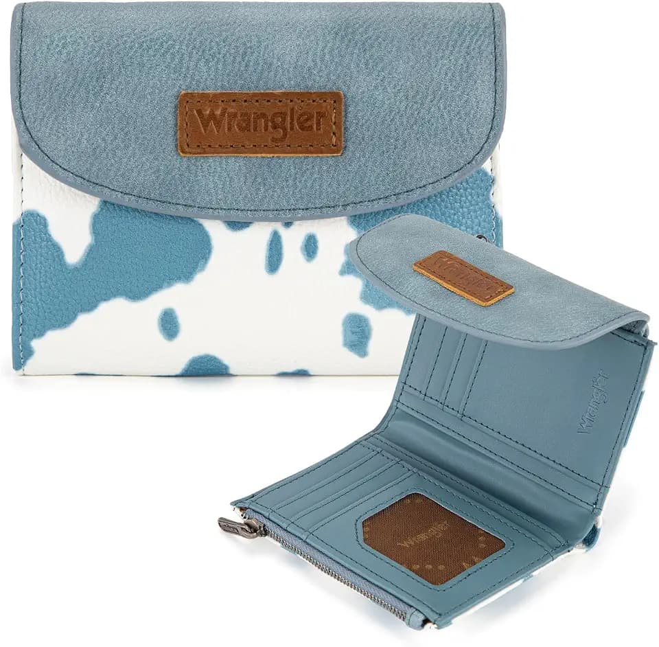 Montana West X Wrangler Blue Cow Print Wallet Women Trifold Wallets, Card Cases & Money Organizers Ladies Female Small Clutch Wallet Cute Wallets for Women with Coin Purse and ID Window
