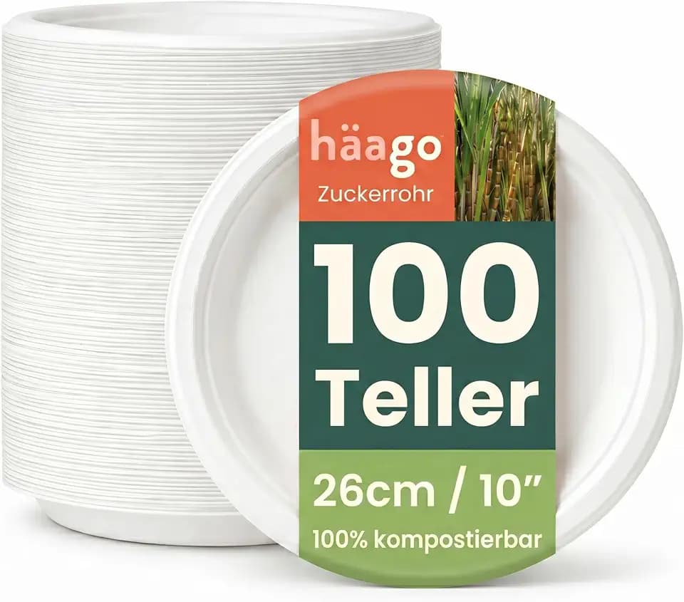 HAAGO 100 Extra Stabile Kompostierbare Zuckerrohr Teller, 26 cm / 10 Zoll – Große Pappteller, Fett- & Auslaufsicher – Biologisch Abbaubare Partyteller, Einwegteller für Grillparty, Hochzeit