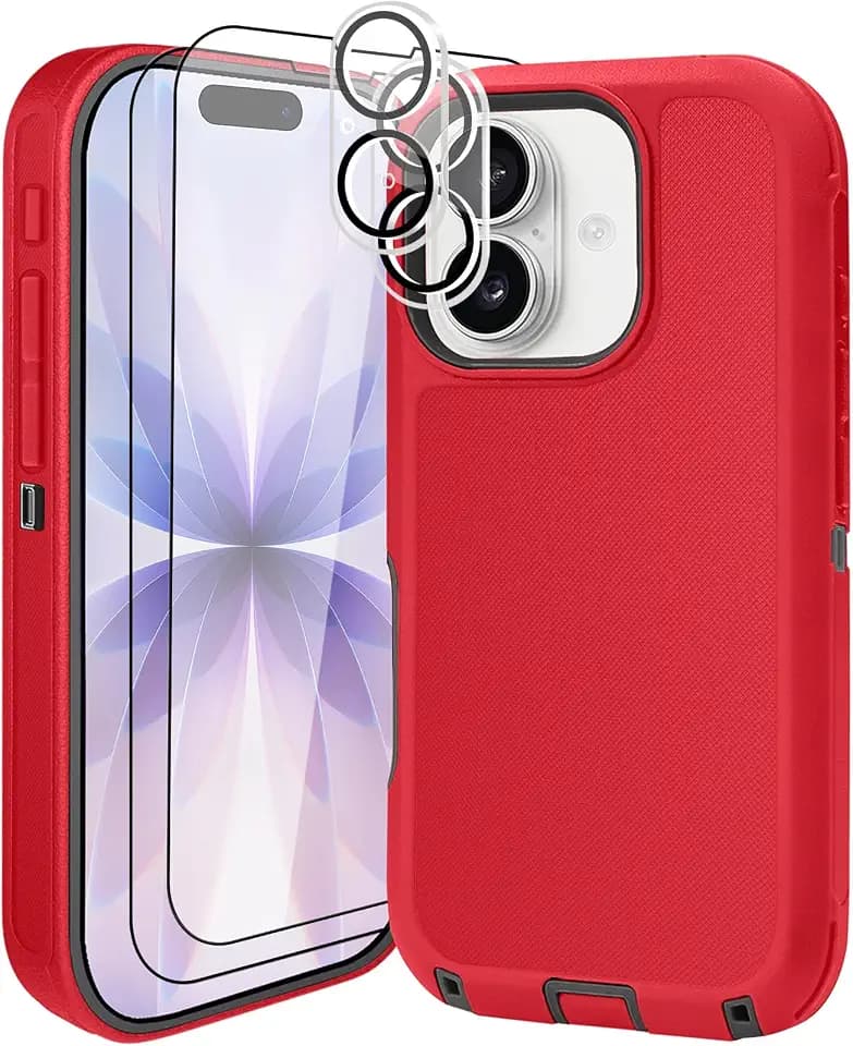 for iPhone 17 Case (6.3"), with 2 Tempered Glass Screen Protector [Heavy Duty Military-Grade Full Body Drop Protection] Shockproof Tough Durable 6.3 Inch（RedBlack+Lens
