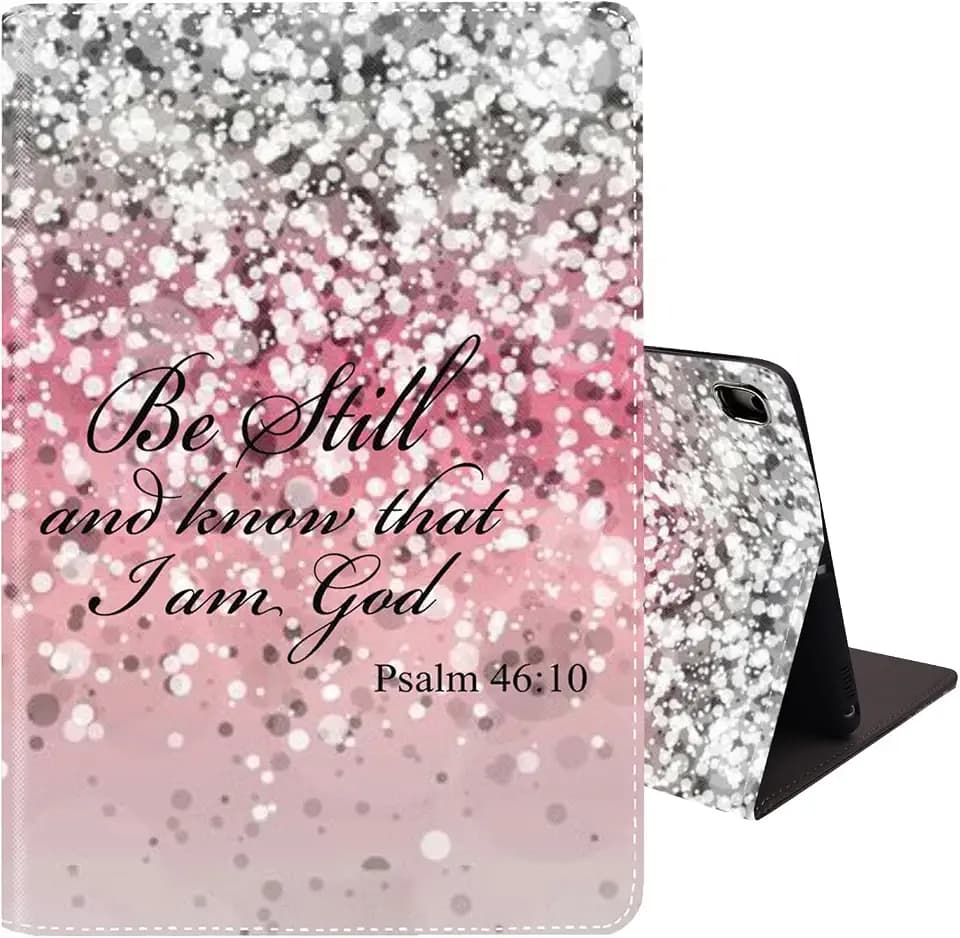 Case for iPad 9th / 8th / 7th Gen(2021/2020/2019) 10.2"/ iPad Air 10.5" 2019 / iPad Pro 10.5", Leather Smart Case, Adjustable Stand Automatic Wake/Sleep, Pink Background Bible Verse Psalm 46:10