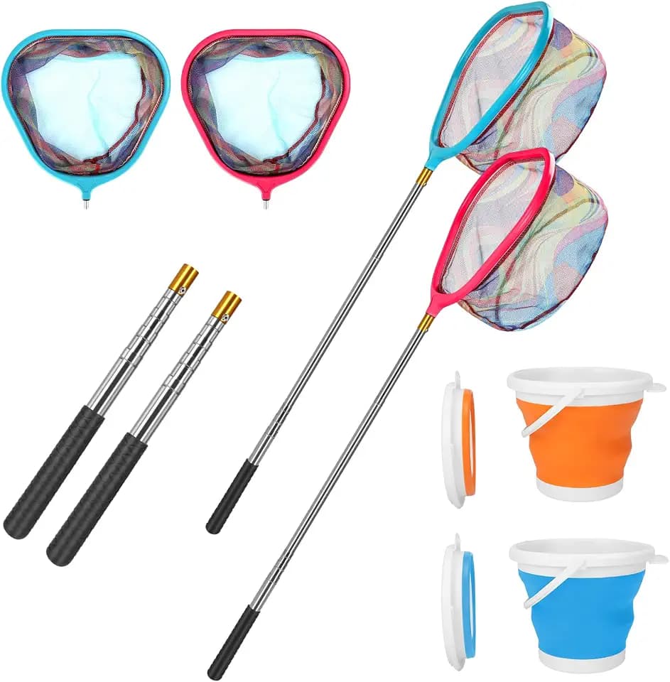 Kids Fishing Net, 2 Pack Telescopic Fishing Landing Net with Aluminum Pole Handle for Kids, Collapsible Bucket Kids Sand Pail, Fishing Net Butterfly Nets for Kids, Outdoor Playing