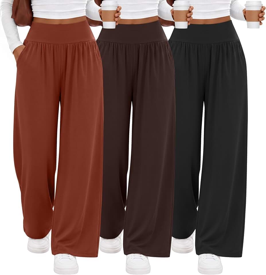 Neer 3er Pack Damen Yogahosen mit Weitem Bein Bequeme Loungewear-Hosen mit Taschen Lockerer Gummibund Offene Hosenbeine
