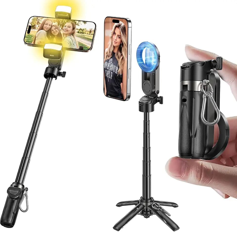 MAGIC JOHN für 36cm Magnetisches Selfie Stick, Selfiestick Klein mit Fülllicht, Bluetooth Handy Stativ mit Abnehmbarer Fernbedienung Kompatibel für iPhone, Samsung und Smartphones
