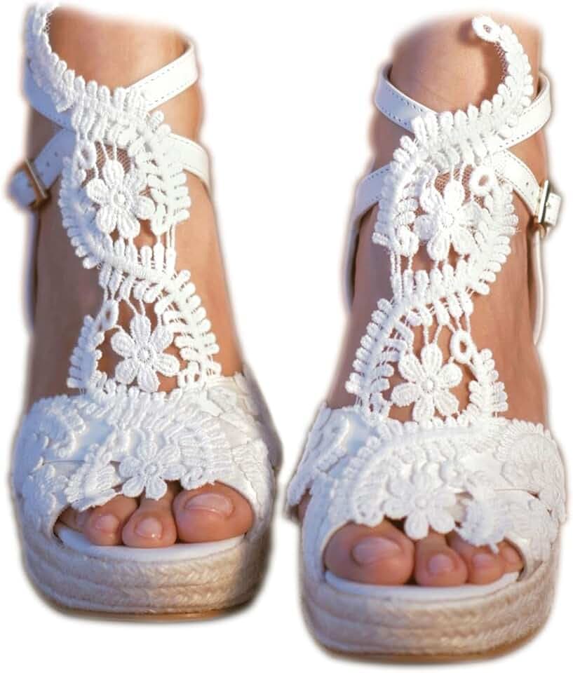 MiLanolce Women's Platform Sandals Wedge Open Toe Ankle Strap lace Wedding Shoes Bridesmaid Shoes