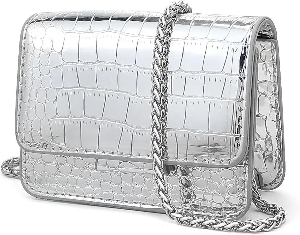 Mini Silver Metallic Purse for Women, Small Croc Crossbody Bag with Chain Strap, Perfect for Night Parties & Evening Outfits