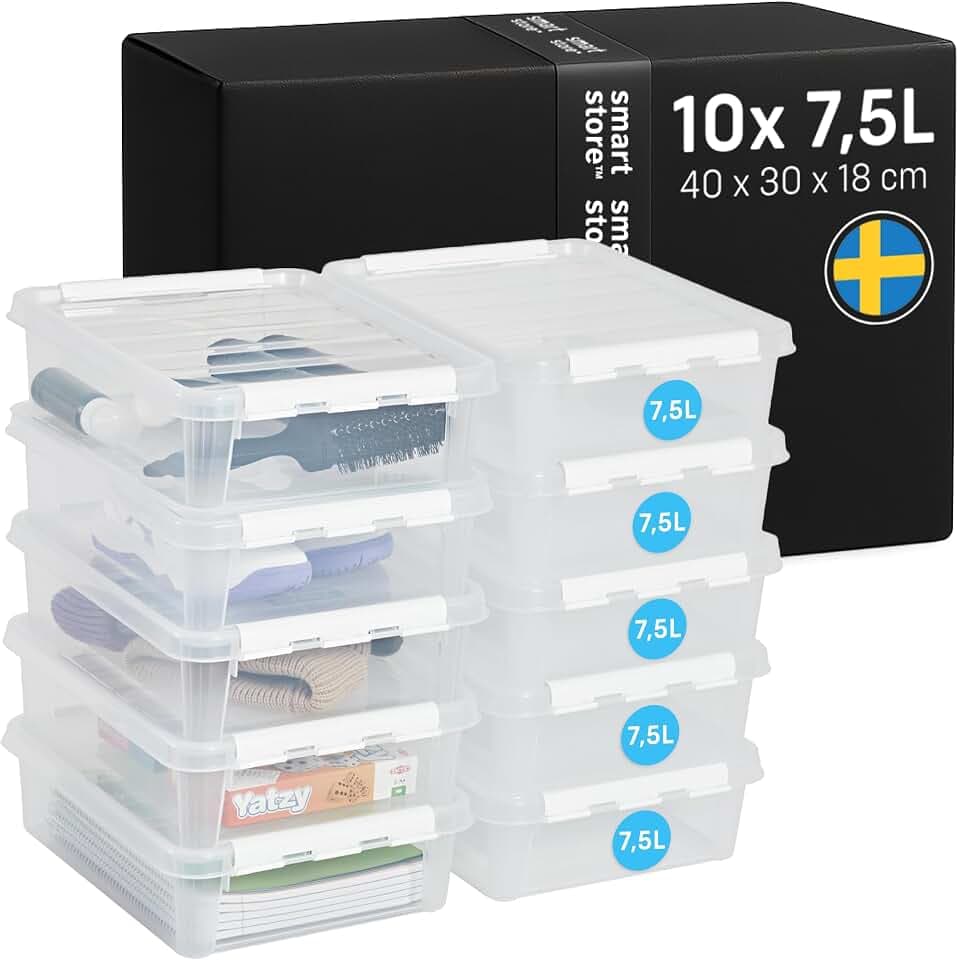 SmartStore - 10x Aufbewahrungsbox mit Deckel Classic 7,5L (40x30x11cm) | Stapelbare Box mit Deckel | Lebensmittelechte Kunststoffbox | Plastikbox mit Deckel & verstärkten Ecken | 10 Jahre Garantie