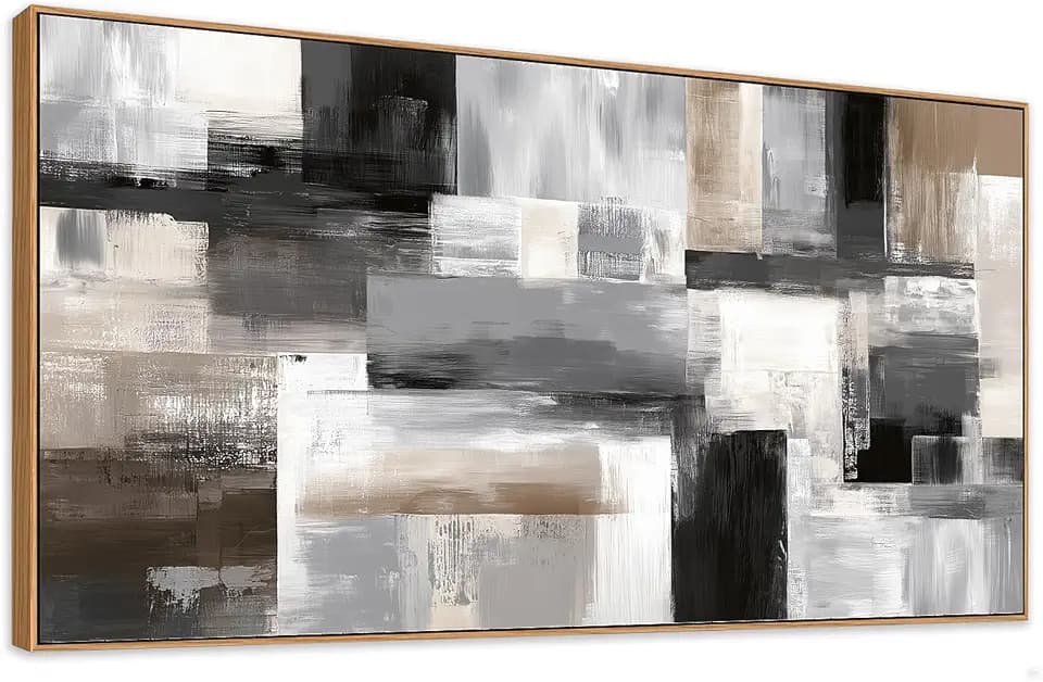 HUADAOART 24x48 Inch Large Framed Canvas Wall Art Modern Abstract Geometric Painting with Neutral Black Grey Beige Blocks Minimalist Textured Artwork Ready to Hang for Living Room Bedroom Home Office Decor