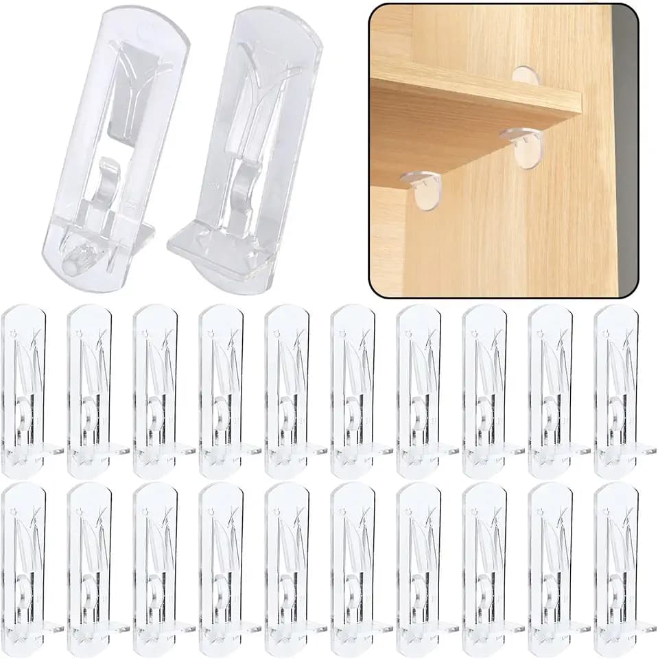 20pcs Plastic Locking Shelf Support Pegs,7.9mm Shelf Pin,Self-Locking Bracket Clips,Clear Shelf Pegs for for Kitchen Cabinet Furniture Book Shelves, 5/16" Peg x 3/4" Thick Shelves