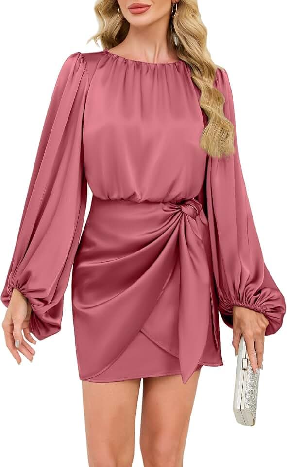 Womens Satin Cocktail Dress Long Sleeve High Neck Short Formal Dress