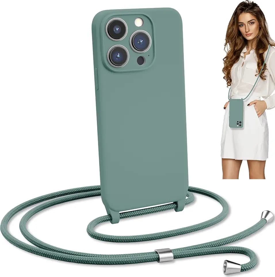 Crossbody Lanyard Strap Case for iPhone 15 Pro, Hands-Free Neck Cross Body Wrist Adjustable Rope Removable Drop Protection Shockproof Silicone Case 6.1 inch 150 cm Strap iP15Pro - Pine Green