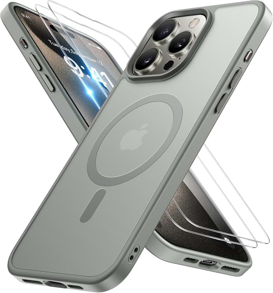 Miracase Magnetische Schutzhülle für iPhone 15 Pro (6,1 Zoll), kompatibel mit MagSafe, mit 2 x Displayschutzfolien, militärischer Schutz, Anti-Fingerabdruck, durchscheinend, matt, Grau