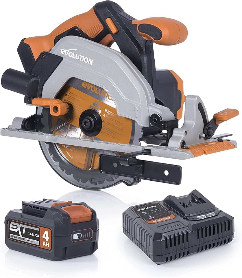 Evolution Power Tools R165CCS-Li Akku-Kreissäge, handkreissäge, für Schnitte in den verschiedensten Materialien – 4 Ah Akku & Ladegerät, 165 mm TCT-Sägeblatt im Lieferumfang enthalten,
