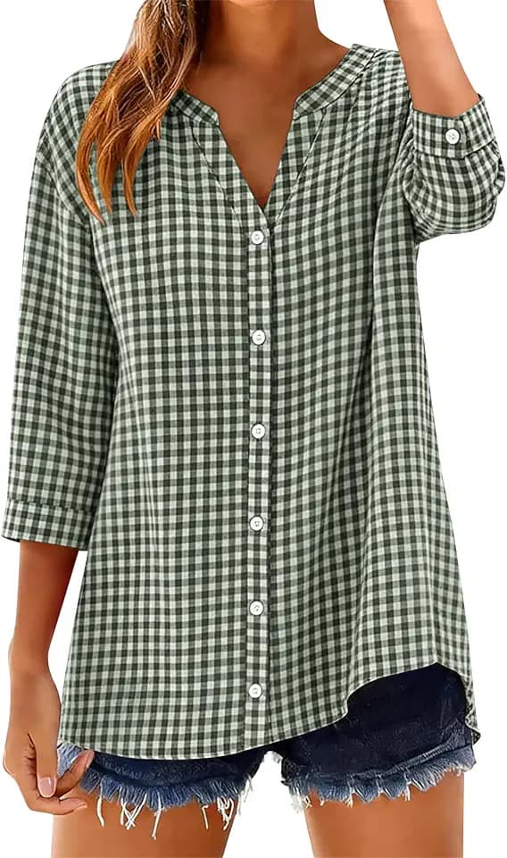 LOMON Womens 3/4 Length Sleeve Tops Cotton Gingham Stripe Button Down Shirt