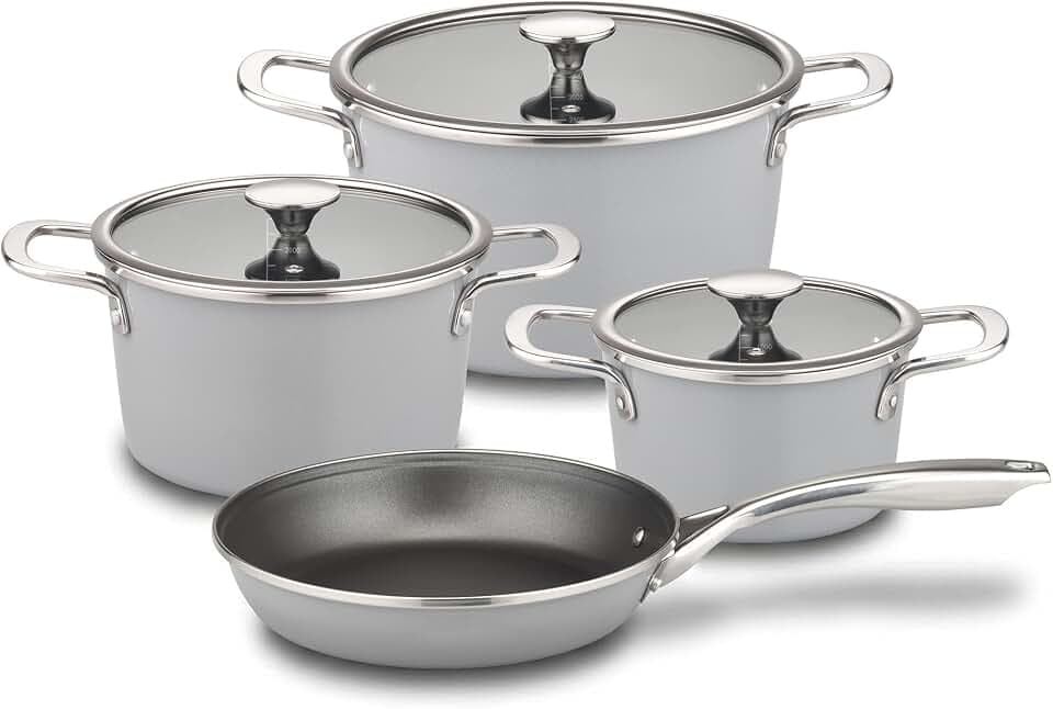 GSW Kochtopf-Set Stratos, 7-teilig – Das induktionsgeeignete, formschöne Kochtopf-Set bietet für alle Aspekte des modernen Kochens praktische Utensilien – Stahl-Emaille