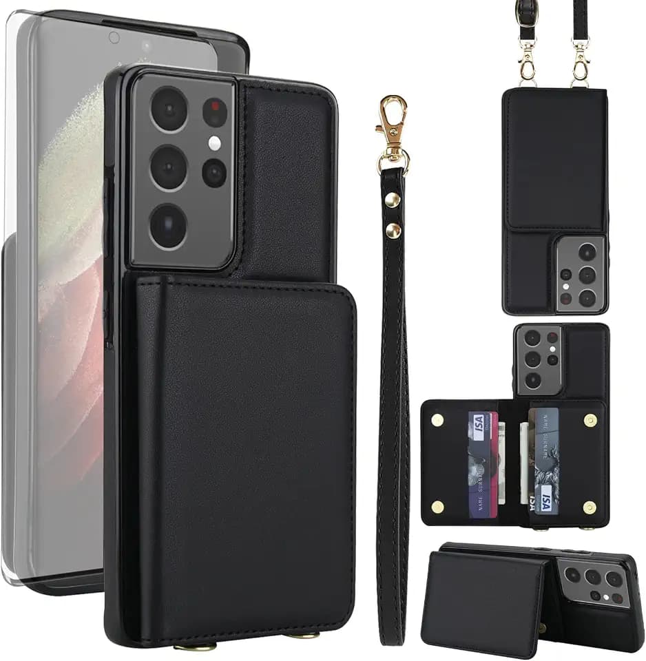 Phone Case for Samsung Galaxy S21 Ultra 5G Wallet Cell Cover with Tempered Glass Screen Protector Wrist Crossbody Strap RFID Blocking Stand Credit Card Holder S21ultra 21S S 21 21ultra G5 Women Black