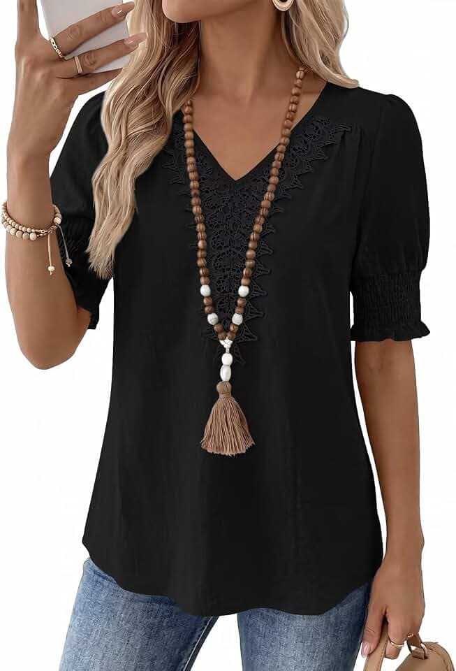 Falechay Womens Summer Tops Boho Lace V Neck Short Sleeve Shirts S-4XL
