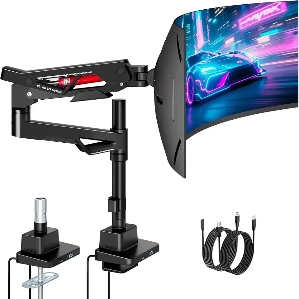 ARES WING Heavy-Duty Gas Spring Ultrawide Monitor Arm 57"66Lbs USB VESA