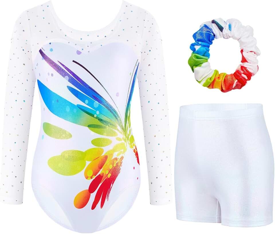 Dreiteilige Gymnastikanzug Mädchen Turnanzug Leotard Turnshorts und Haarband Set, Langarm Ballettröckchen Kleid Trikotanzug Gymnastik Outfit Set für 5-12 Jahre