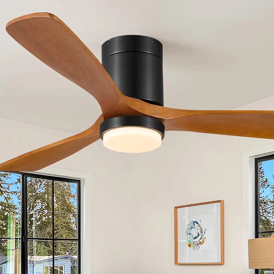 Ceiling Fans with Light, 52 Inch Flush Mount Outdoor Ceiling Fan Low Profile, 3 Wood Blade, ETL Listed, Timer, 6 Speeds Reversible DC Motor Modern Fans for Bedroom, 52in, Brown and Black