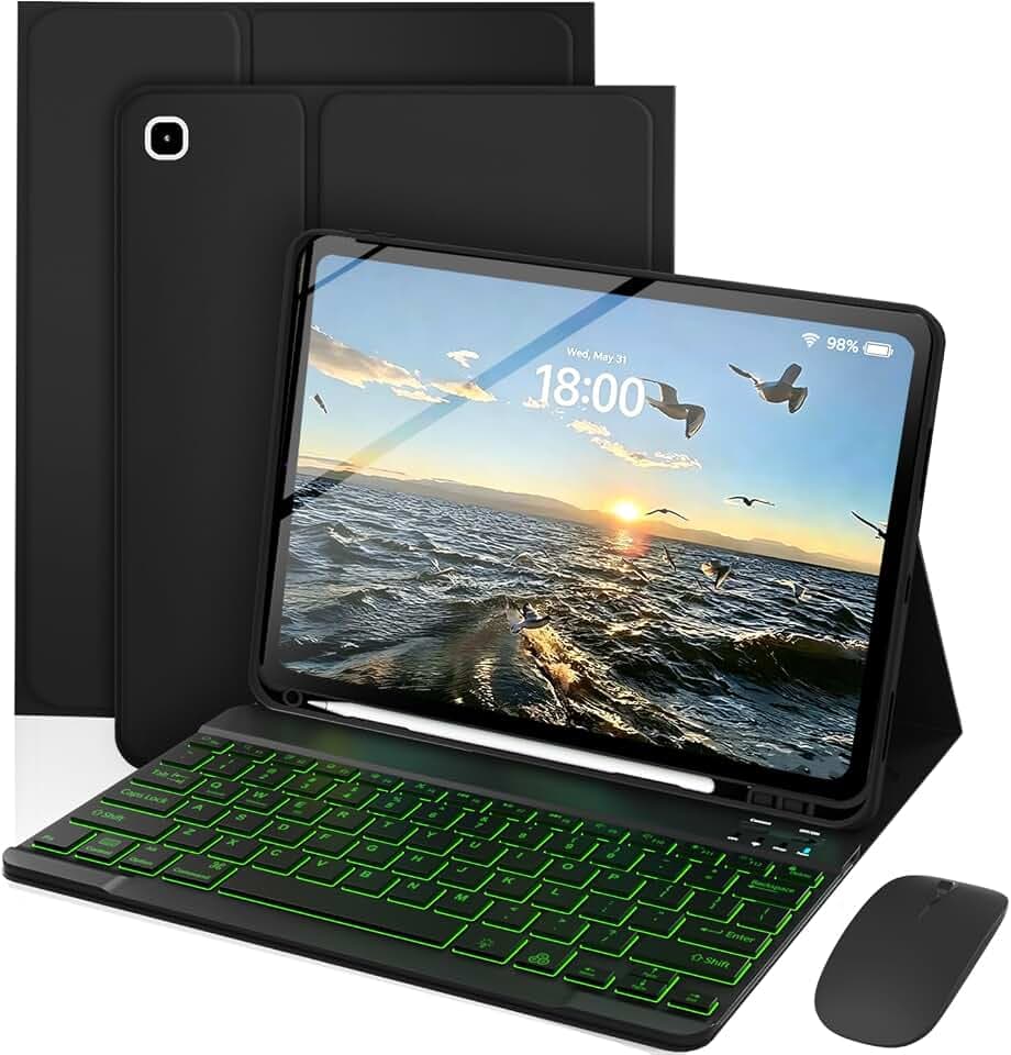 Keyboard Case for Samsung Galaxy Tab S6 Lite 10.4 Inch, Mouse and 7 Colors Backlit Detachable Keyboard, Adjustable Stand with Pen Slot, Auto-Sleep/Wake Feature, Black