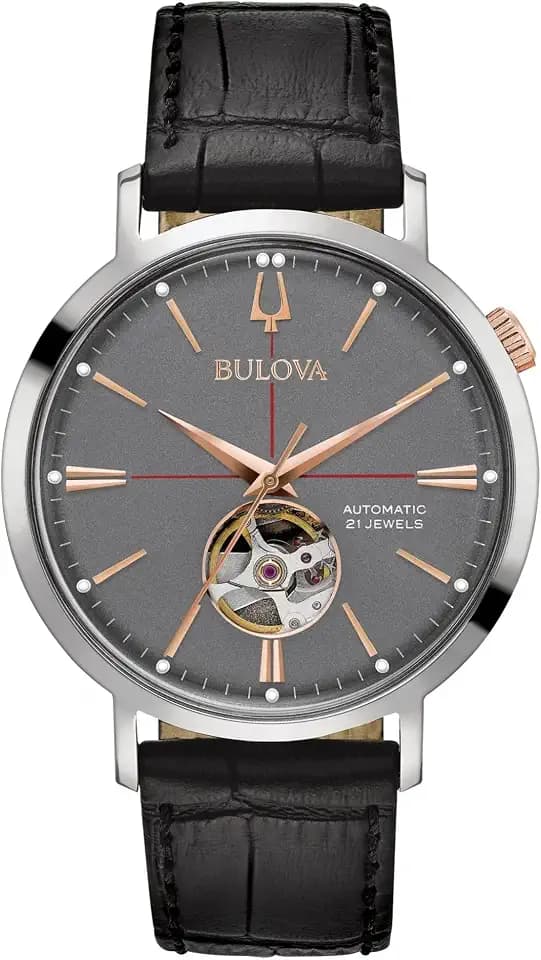 Bulova Men's Classic Aerojet 3-Hand Automatic Leather Strap Watch, Open Aperture, 40-Hour Power Reserve, Double Curved Mineral Crystal, 41mm
