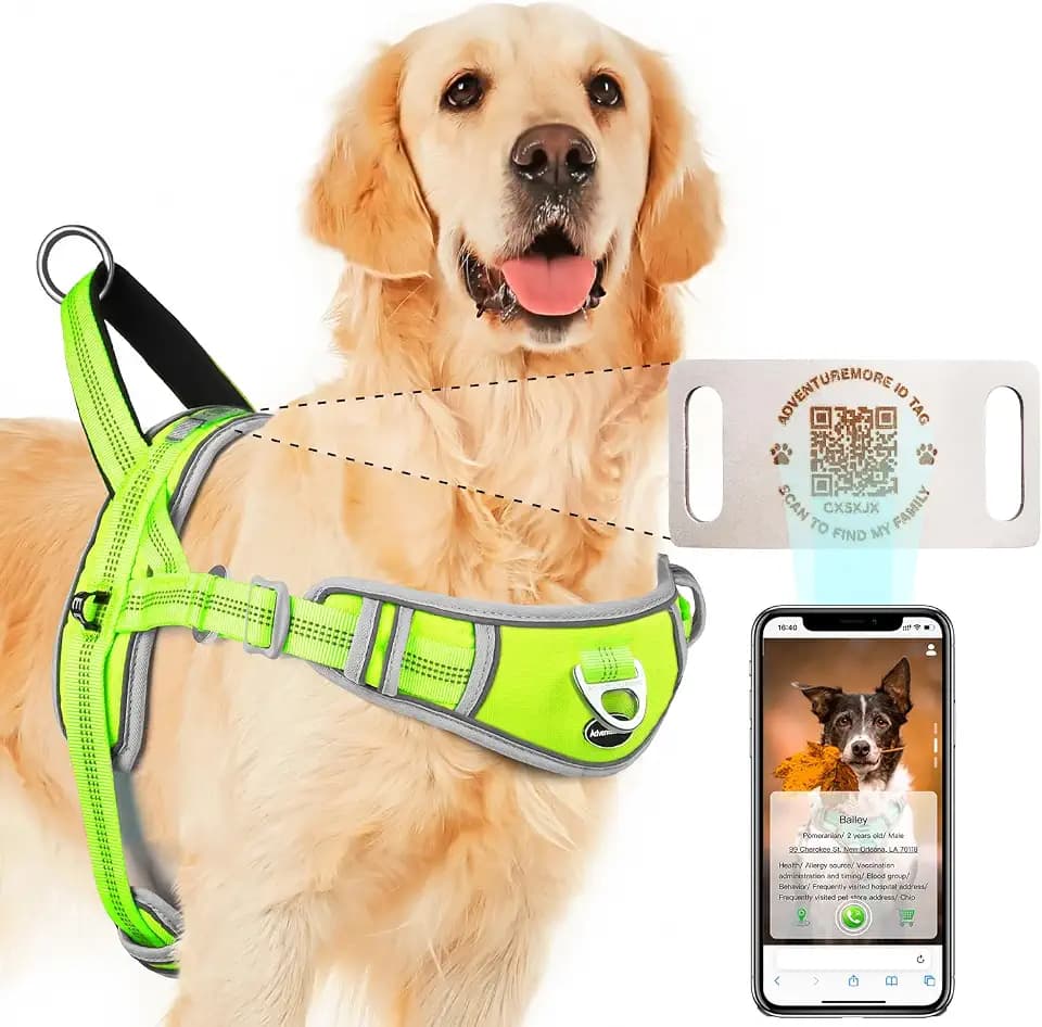 ADVENTUREMORE No Pull Dog Harness for Large Dogs with QR Code Dog Tag,Adjustable Reflective Breathable Dog Vest Harness with Easy Control Front Clip Handle for Training Walking L Green