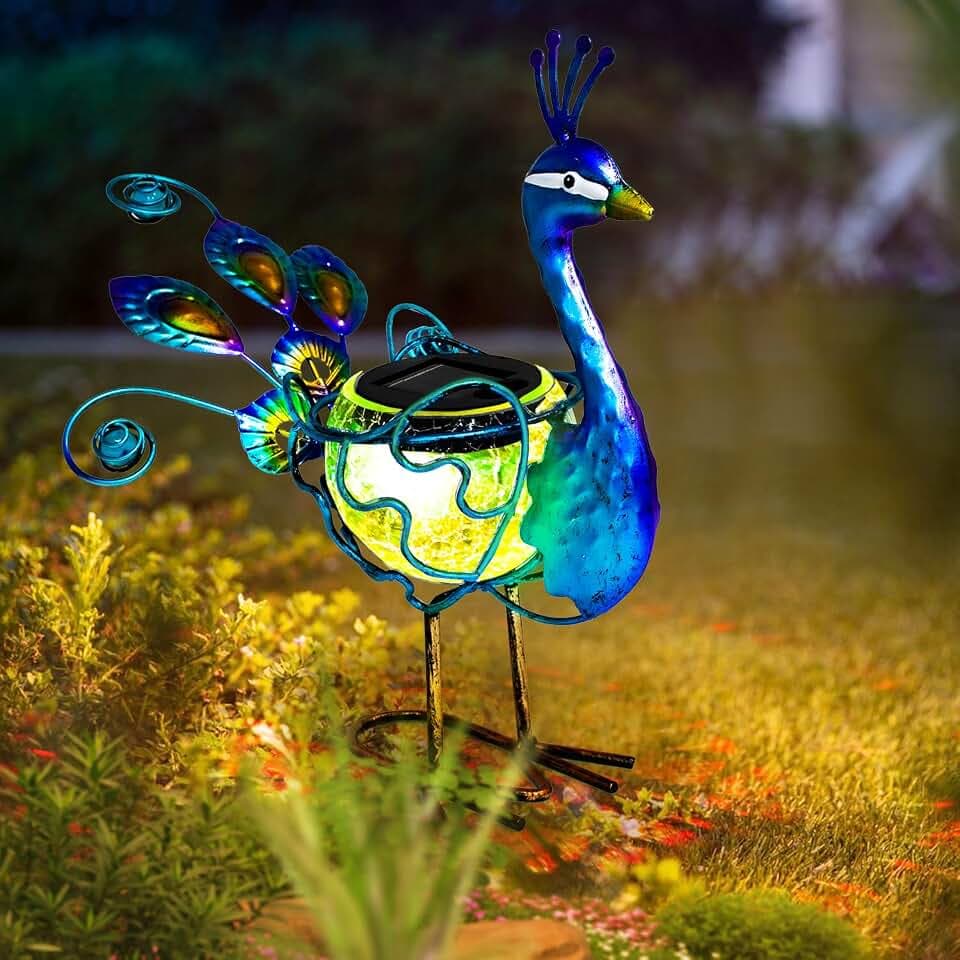 HONGLAND Solar Peacock Statue Light, Solar Animal LED Lights Outdoor, Solar Power Figurine Waterproof Metal Peacock Yard Art for Pathway Patio Backyard Decoration Lawn Ornaments