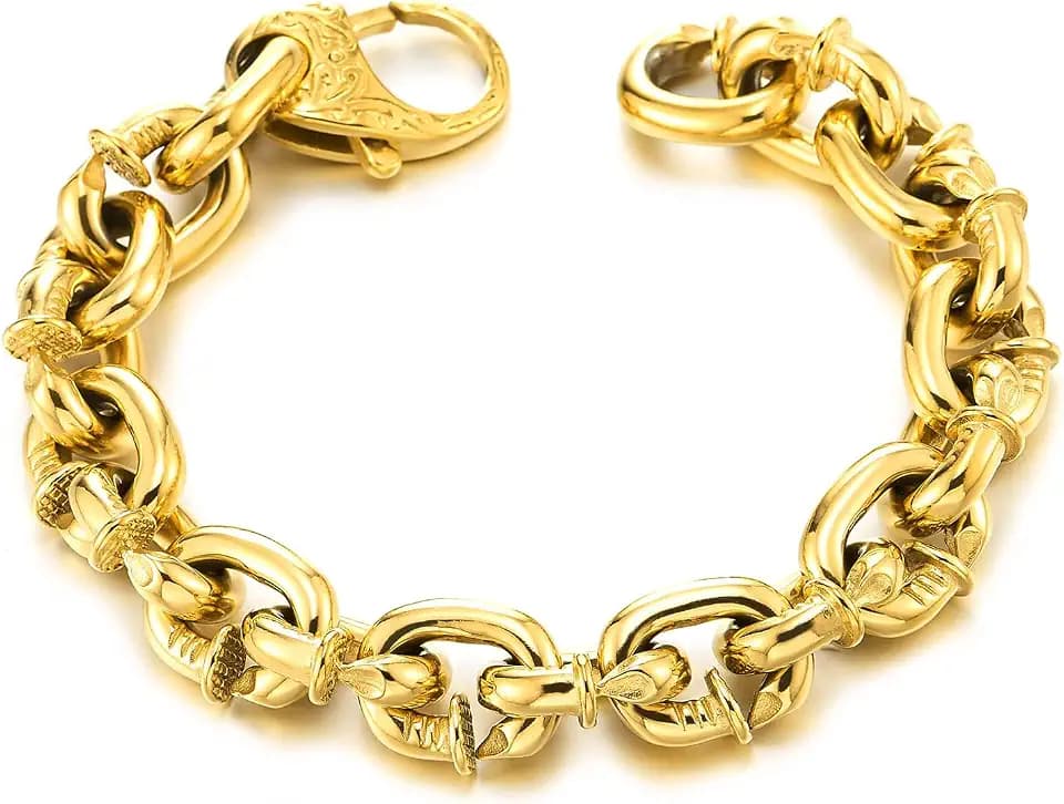 COOLSTEELANDBEYOND Mens Steel Nail Rolo Link Chain Bracelet, Tribal Tattoo Pattern Spring Clasp