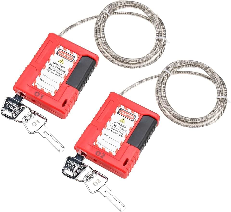 RealPlus Lockout Tagout Cable Lock, Integrated Cable and Padlock Design with 2 Keys, 5/32" x 3.3ft Adjustable Steel Cable Lock with Vinyl Coating, Loto Cable for Lock Out Tag Out (Pack of 2)